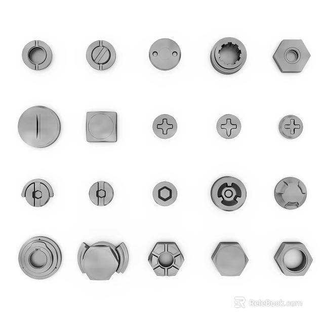 Assorted Hardware Tools Including Screws Nuts Bolts With Various Head Shapes And Slot Types 3d model