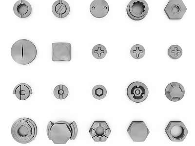 Assorted Hardware Tools Including Screws Nuts Bolts With Various Head Shapes And Slot Types 3d model