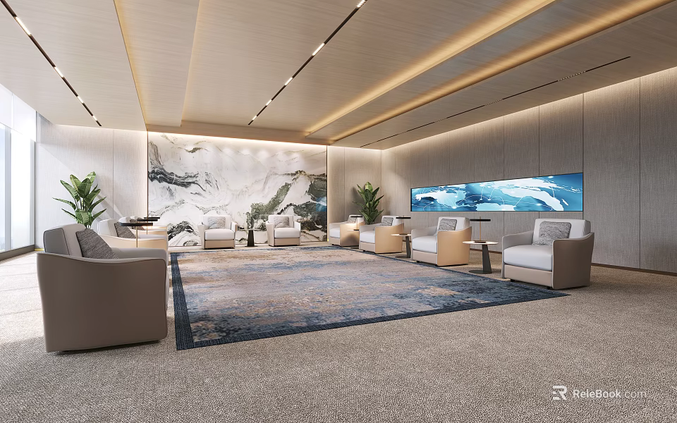 Elegant Modern Hotel Public Lounge With Sofas Area Rug Mural And Green Plants 3d model 