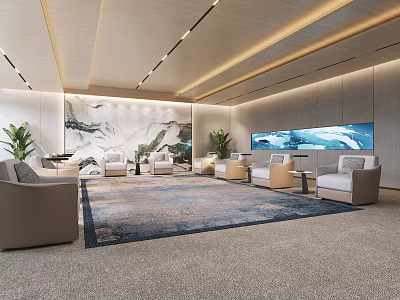 Elegant Modern Hotel Public Lounge With Sofas Area Rug Mural And Green Plants 3d model