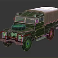 Classic Vintage Green Off Road Vehicle With Canvas Top And Front Spare Tire