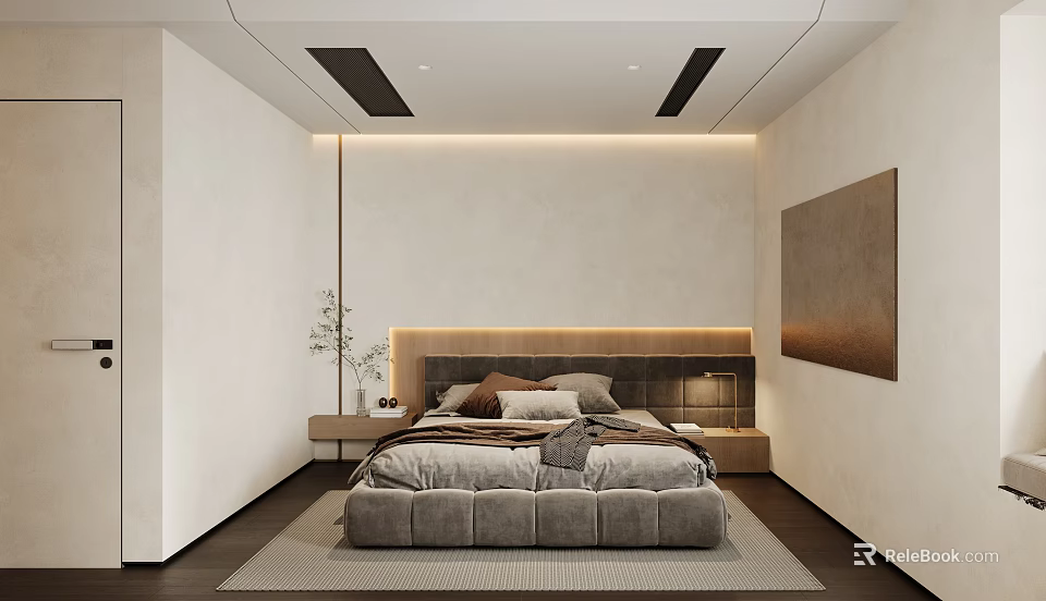 Modern Minimalist Bedroom Interior With Gray Bed Headboard Nightstands Carpet And Decorative Painting 3d model 