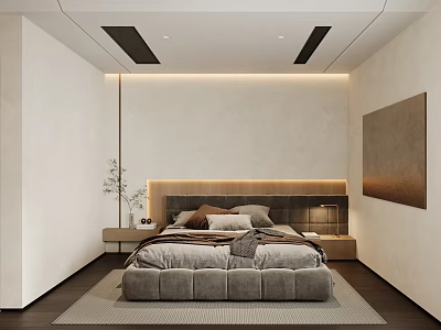 Modern Minimalist Bedroom Interior With Gray Bed Headboard Nightstands Carpet And Decorative Painting 3d model