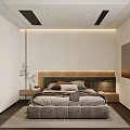 Modern Minimalist Bedroom Interior With Gray Bed Headboard Nightstands Carpet And Decorative Painting