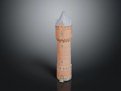 Classic Red Brick Tower With Gray Pointed Roof And Arched Windows Design 3d model