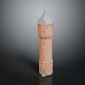 Classic Red Brick Tower With Gray Pointed Roof And Arched Windows Design