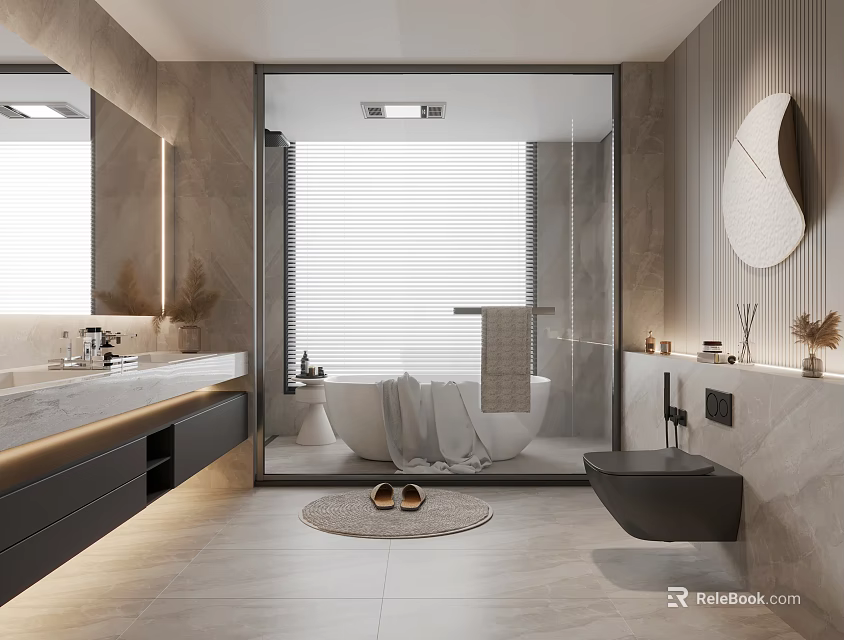 Modern Bathroom Interior With Marble Tiles Double Vanity Circular Mirror And Freestanding Bathtub 3d model 