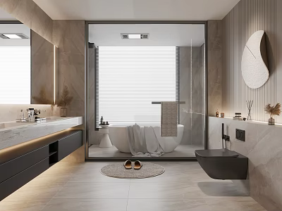Modern Bathroom Interior With Marble Tiles Double Vanity Circular Mirror And Freestanding Bathtub 3d model