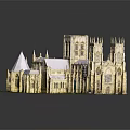 Ancient Historic Building Model with Gothic Spires Arched Windows Stone Towers Green Lawn Detailed Design
