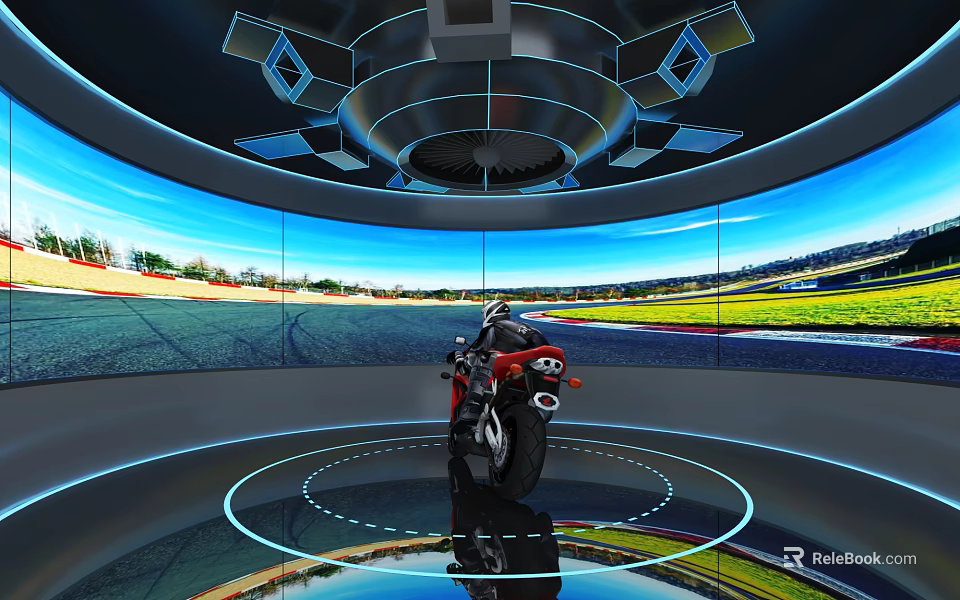 Immersive Motorcycle Simulation Environment With Racing Track Screens And Circular Setup 3d model 