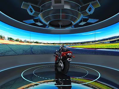 Immersive Motorcycle Simulation Environment With Racing Track Screens And Circular Setup 3d model