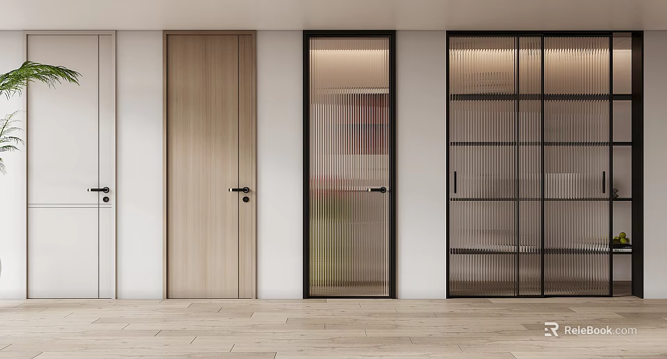 Modern Interior Swing Door Designs With Wooden Panel And Glass Frame 3d model 