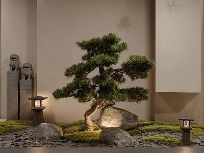 Bonsai Pine Tree And Moss Plant Combination With Stones Lanterns Stone Lion Statues In Garden 3d model