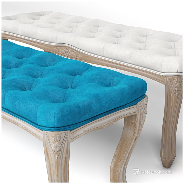 Elegant Blue and White Sofa Bench with Tufted Cushion and Carved Wooden Legs 3d model 