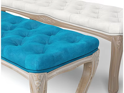 Elegant Blue and White Sofa Bench with Tufted Cushion and Carved Wooden Legs 3d model