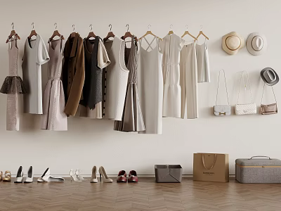 Fashionable Clothes Hanging On Hangers With Hats Bags And Shoes On Light Wall Wooden Floor 3d model