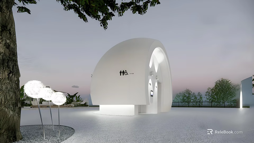 Modern Public Toilet with White Curved Exterior Illuminated Surrounded by Greenery and Decorative Light Poles 3d model 