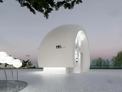 Modern Public Toilet with White Curved Exterior Illuminated Surrounded by Greenery and Decorative Light Poles 3d model