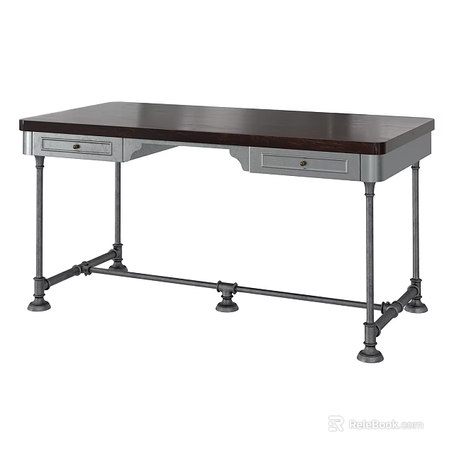 Industrial Style Dark Wooden Desk With Metal Pipe Legs And Storage Drawers 3d model 