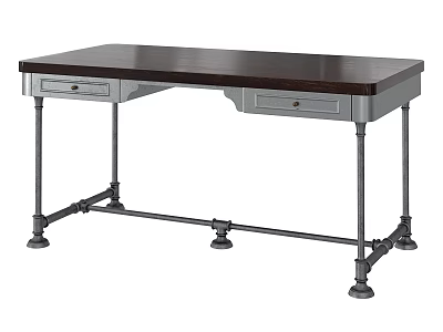 Industrial Style Dark Wooden Desk With Metal Pipe Legs And Storage Drawers 3d model