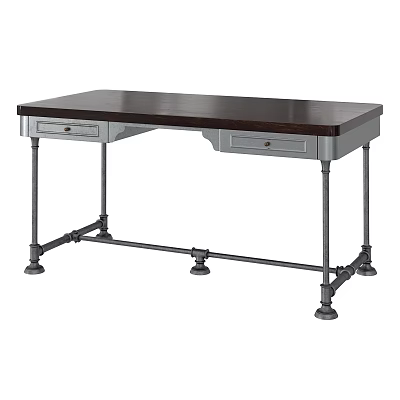 Industrial Style Dark Wooden Desk With Metal Pipe Legs And Storage Drawers 3d model