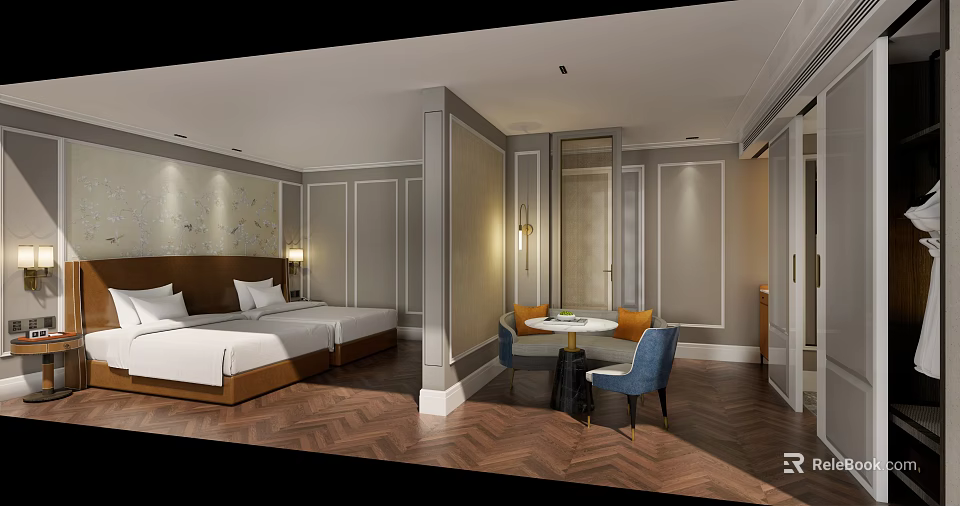 Elegant Hotel Room Interior With Double Bed Round Table And Herringbone Wooden Floor 3d model 