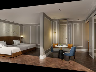 Elegant Hotel Room Interior With Double Bed Round Table And Herringbone Wooden Floor 3d model