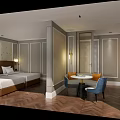 Elegant Hotel Room Interior With Double Bed Round Table And Herringbone Wooden Floor