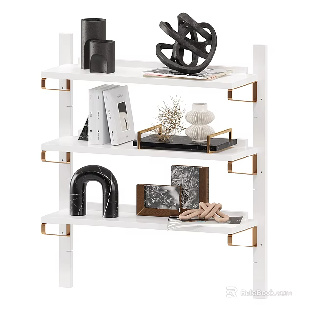 Stylish Decorative Ornament Set on White Multi tier Shelf with Copper Brackets Vases and Frames 3d model