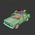 White Classic Car With Luggage On Roof And Reflective Surface