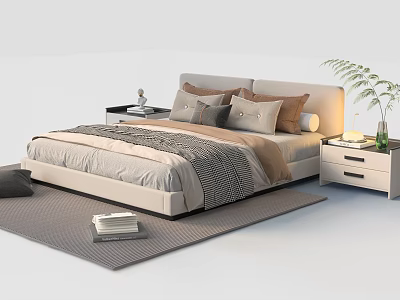 Modern Double Bed with Beige Gray Bedding Pillows Bedside Tables Lamp and Potted Plant 3d model