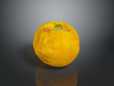 Fresh Yellow Orange With Spots And Green Stem On Black Surface With Reflection 3d model