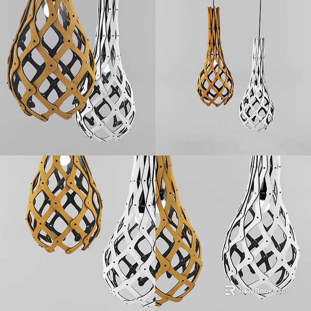 Modern Woven Chandeliers in Golden White and Black with Intricate Interlaced Patterns 3d model 