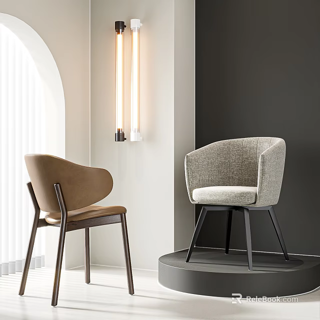 Brown and Light Gray Upholstered Dining Chairs in Modern Interior with Arch Window 3d model