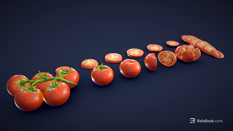 Fresh Tomatoes Whole With Green Stems And Sliced Arranged In A Row On Dark Background 3d model 