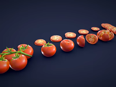 Fresh Tomatoes Whole With Green Stems And Sliced Arranged In A Row On Dark Background 3d model
