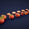 Fresh Tomatoes Whole With Green Stems And Sliced Arranged In A Row On Dark Background