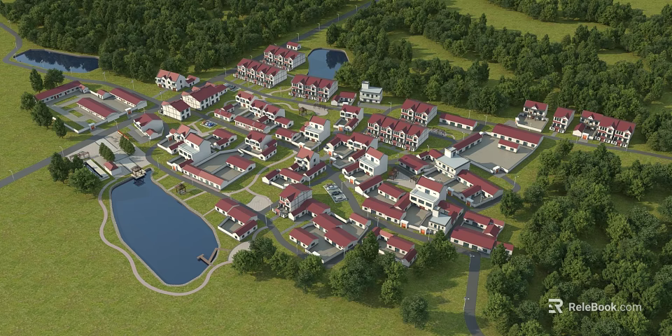 Aerial View Planning of Residential Community with Red Roof Buildings Green Areas and Water Bodies 3d model 