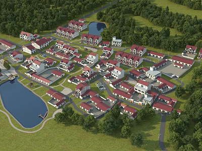 Aerial View Planning of Residential Community with Red Roof Buildings Green Areas and Water Bodies 3d model
