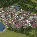 Aerial View Planning of Residential Community with Red Roof Buildings Green Areas and Water Bodies