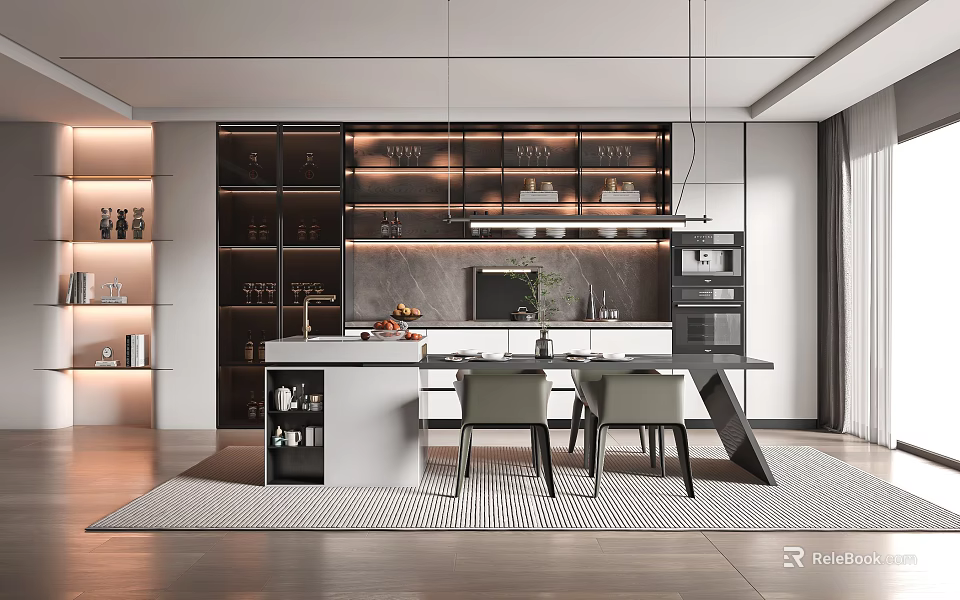 Modern Restaurant Interior Design With Open Kitchen Island Counter And Dining Chairs 3d model 