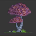 Cartoon Style Tree with Purple Pink Leaves and Twisted Gray Trunk on Green Grass Base