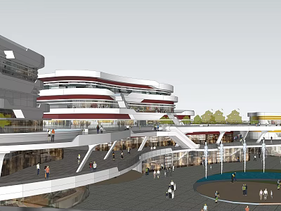 Modern Commercial Street With Multi level Red And White Architecture Open Air Walkway And Plaza 3d model