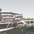 Modern Commercial Street With Multi level Red And White Architecture Open Air Walkway And Plaza