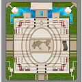 Public Square Design With World Map Pattern Red Art Installations And Fountains 3d model
