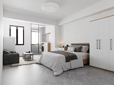 Modern Apartment Bedroom With Bed Sofa Wardrobe And Large Windows 3d model