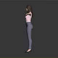 Woman Standing With Arms Outstretched In Pink Top Blue Jeans And Gray Background