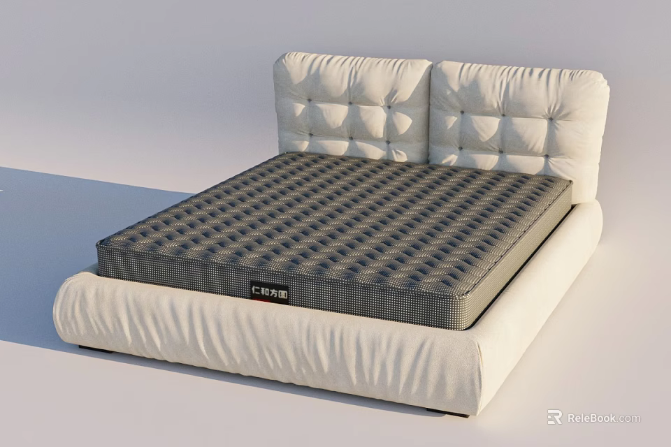Modern Double Bed With Tufted White Headboard And Gray Checkered Mattress 3d model 