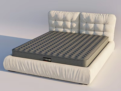 Modern Double Bed With Tufted White Headboard And Gray Checkered Mattress 3d model