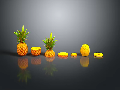 Fresh Ripe Pineapple Whole Fruit And Sliced Pieces On Black Surface 3d model